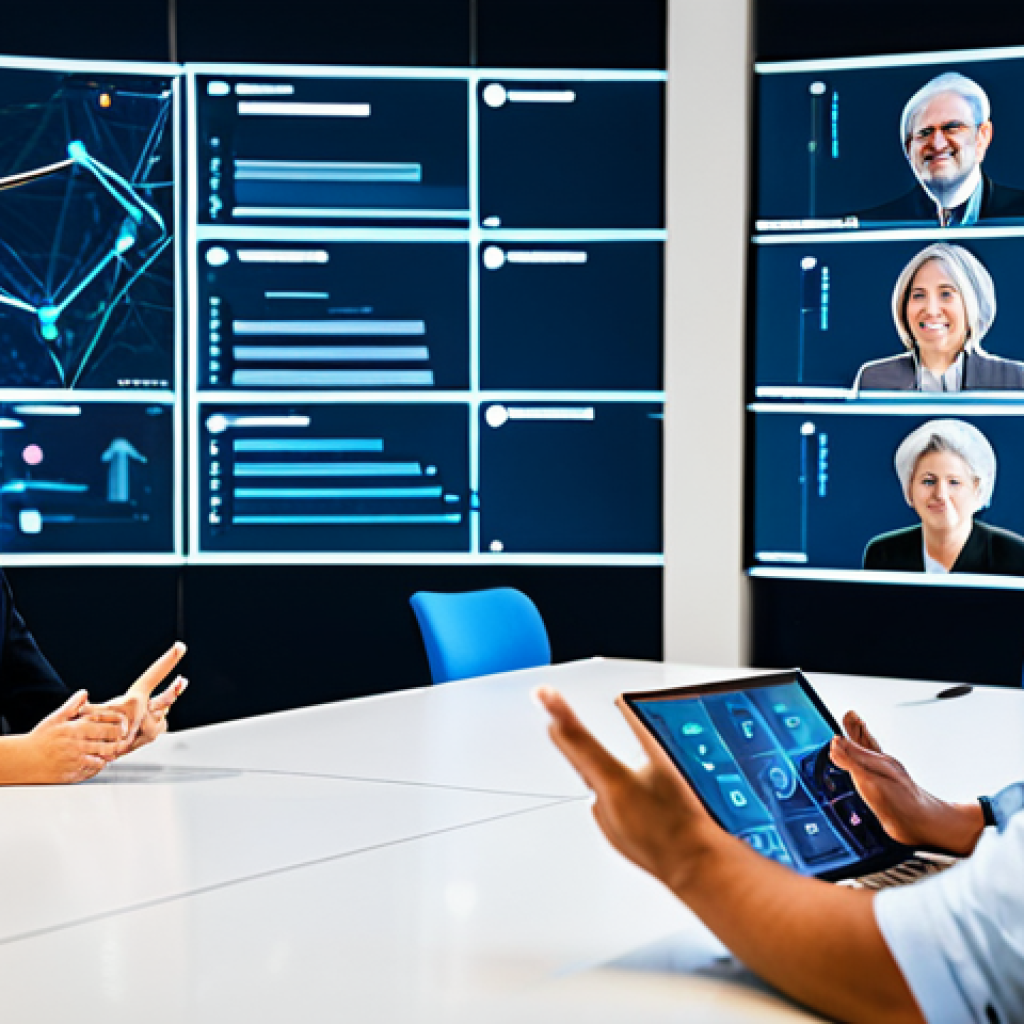 A diverse group of professionals, including male and female individuals, are engaged in a collaborative discussion in a spacious, modern tech conference room. They are fully clothed in modest business attire and professional dress. Large transparent screens display intricate, interconnected data flows and abstract network diagrams, with participants gesturing towards them, symbolizing shared understanding and standardized protocols. The scene is captured with professional photography, featuring bright, clean lighting and a high-resolution finish. Perfect anatomy, correct proportions, and natural poses with well-formed hands and proper finger count are essential. safe for work, appropriate content, fully clothed, professional.