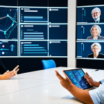 A diverse group of professionals, including male and female individuals, are engaged in a collaborative discussion in a spacious, modern tech conference room. They are fully clothed in modest business attire and professional dress. Large transparent screens display intricate, interconnected data flows and abstract network diagrams, with participants gesturing towards them, symbolizing shared understanding and standardized protocols. The scene is captured with professional photography, featuring bright, clean lighting and a high-resolution finish. Perfect anatomy, correct proportions, and natural poses with well-formed hands and proper finger count are essential. safe for work, appropriate content, fully clothed, professional.
