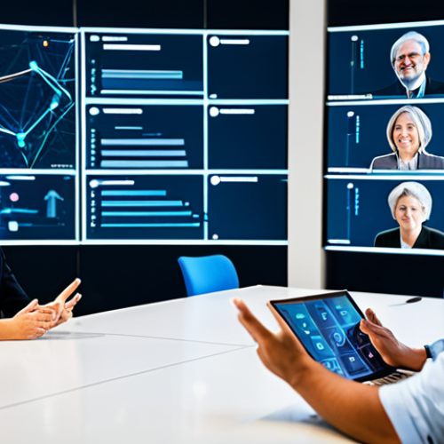 Home 11 A diverse group of professionals, including male and female individuals, are engaged in a collaborative discussion in a spacious, modern tech conference room. They are fully clothed in modest business attire and professional dress. Large transparent screens display intricate, interconnected data flows and abstract network diagrams, with participants gesturing towards them, symbolizing shared understanding and standardized protocols. The scene is captured with professional photography, featuring bright, clean lighting and a high-resolution finish. Perfect anatomy, correct proportions, and natural poses with well-formed hands and proper finger count are essential. safe for work, appropriate content, fully clothed, professional.