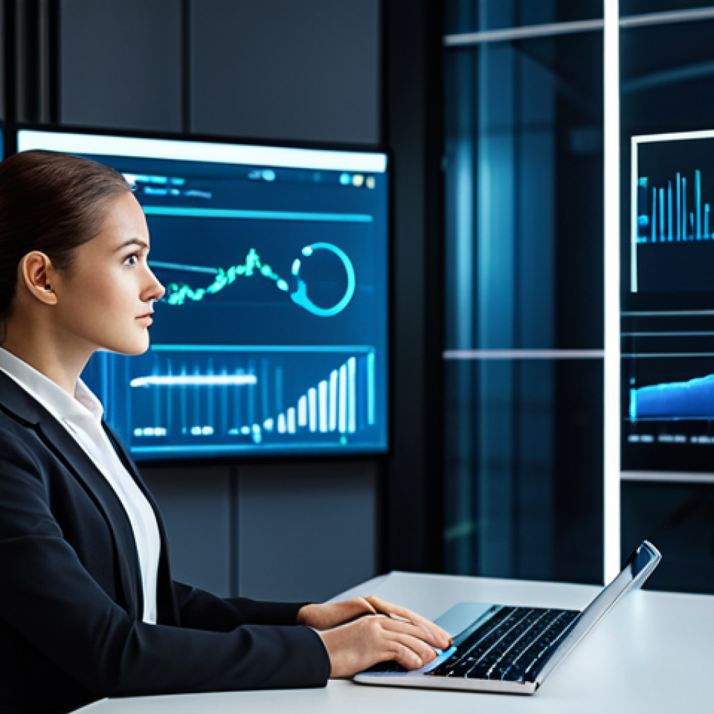 A professional businesswoman in a sleek, modest business suit, sitting confidently at a desk in a futuristic, minimalist office. She interacts with multiple transparent holographic displays showing complex data visualizations and predictive analytics. The lighting is bright and clean, emphasizing innovation and efficiency. The scene conveys enhanced productivity and intelligent decision-making, safe for work, appropriate content, fully clothed, professional dress, perfect anatomy, correct proportions, natural pose, well-formed hands, proper finger count, natural body proportions, high-quality, ultra-realistic.