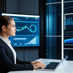 A professional businesswoman in a sleek, modest business suit, sitting confidently at a desk in a futuristic, minimalist office. She interacts with multiple transparent holographic displays showing complex data visualizations and predictive analytics. The lighting is bright and clean, emphasizing innovation and efficiency. The scene conveys enhanced productivity and intelligent decision-making, safe for work, appropriate content, fully clothed, professional dress, perfect anatomy, correct proportions, natural pose, well-formed hands, proper finger count, natural body proportions, high-quality, ultra-realistic.