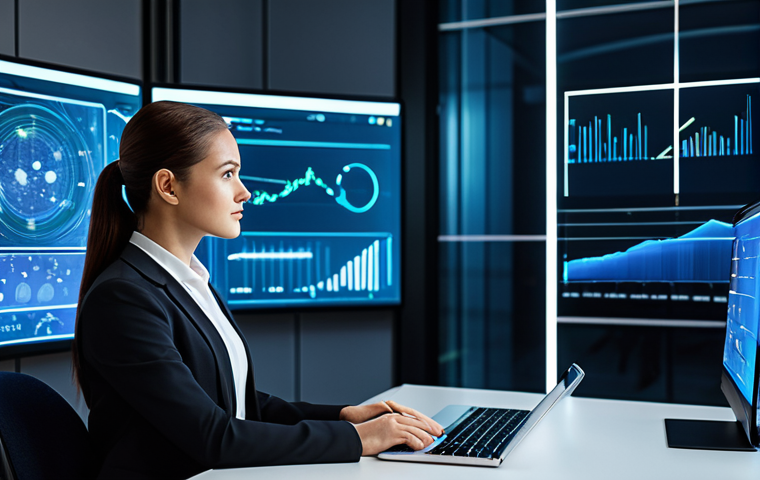 A professional businesswoman in a sleek, modest business suit, sitting confidently at a desk in a futuristic, minimalist office. She interacts with multiple transparent holographic displays showing complex data visualizations and predictive analytics. The lighting is bright and clean, emphasizing innovation and efficiency. The scene conveys enhanced productivity and intelligent decision-making, safe for work, appropriate content, fully clothed, professional dress, perfect anatomy, correct proportions, natural pose, well-formed hands, proper finger count, natural body proportions, high-quality, ultra-realistic.