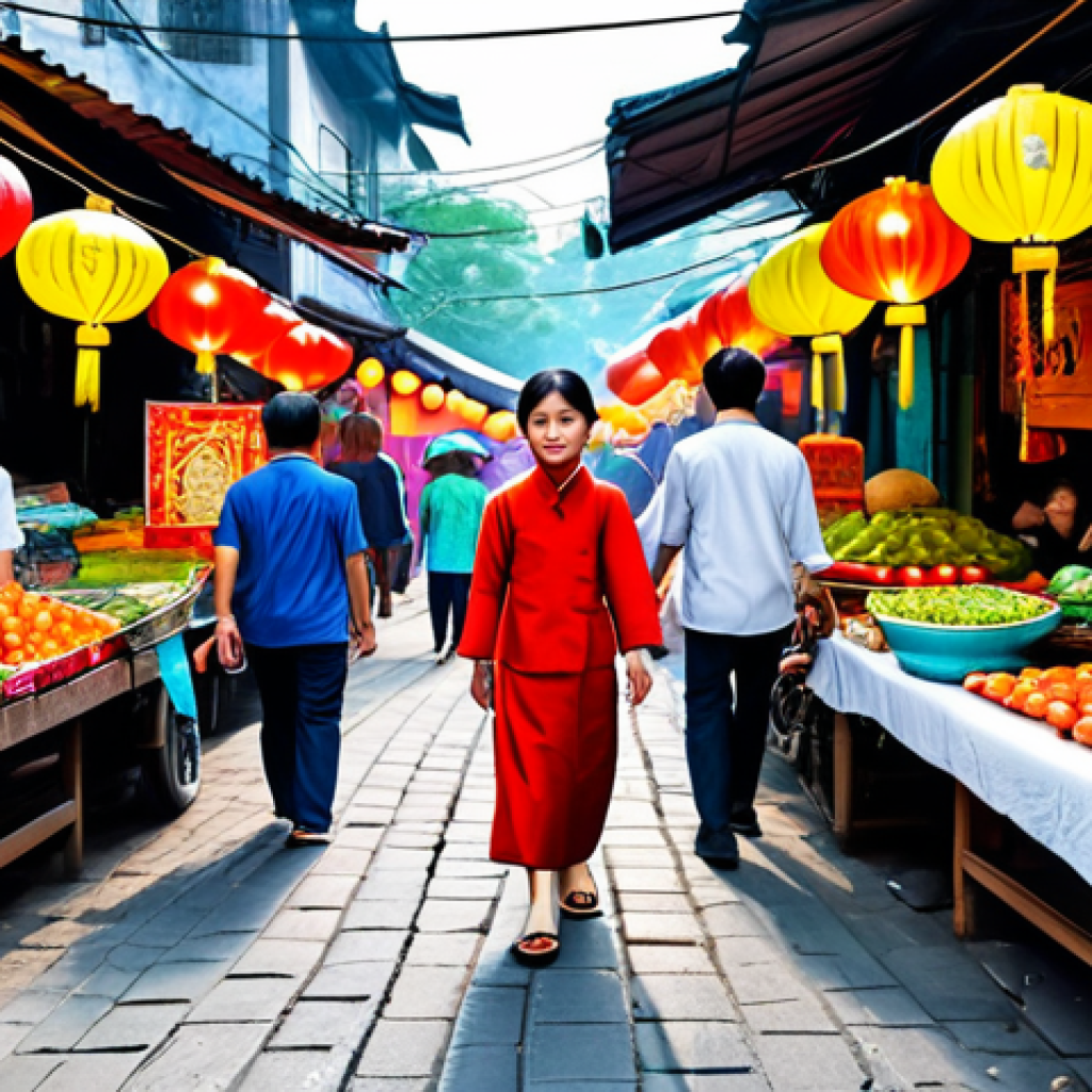 **
"A bright and cheerful family-friendly illustration of a young Vietnamese woman wearing a traditional Áo dài, fully clothed, walking through a bustling Hanoi street market filled with colorful lanterns and local food stalls, appropriate content, safe for work, perfect anatomy, natural proportions, professional digital art, high quality."
**