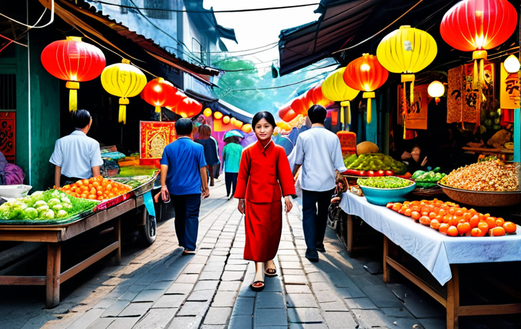 **
"A bright and cheerful family-friendly illustration of a young Vietnamese woman wearing a traditional Áo dài, fully clothed, walking through a bustling Hanoi street market filled with colorful lanterns and local food stalls, appropriate content, safe for work, perfect anatomy, natural proportions, professional digital art, high quality."
**