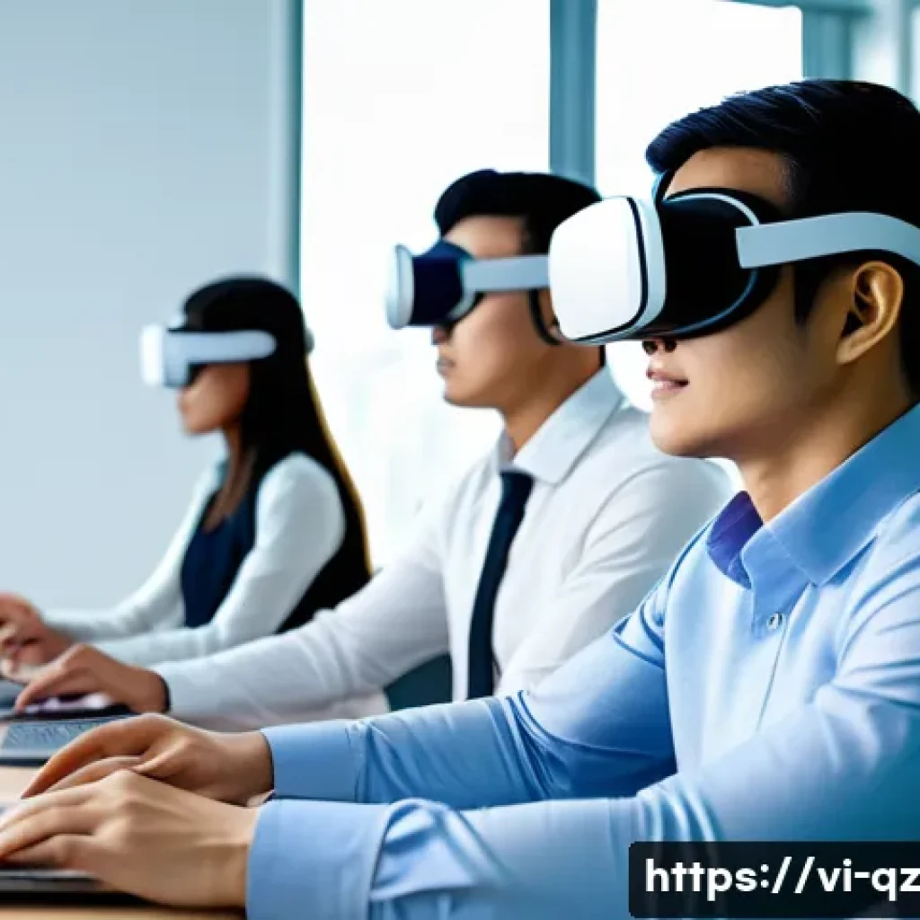 인지능력 증강 기술의 시장 전망 - A modern Vietnamese office environment featuring young professionals wearing smart wearable devices ...