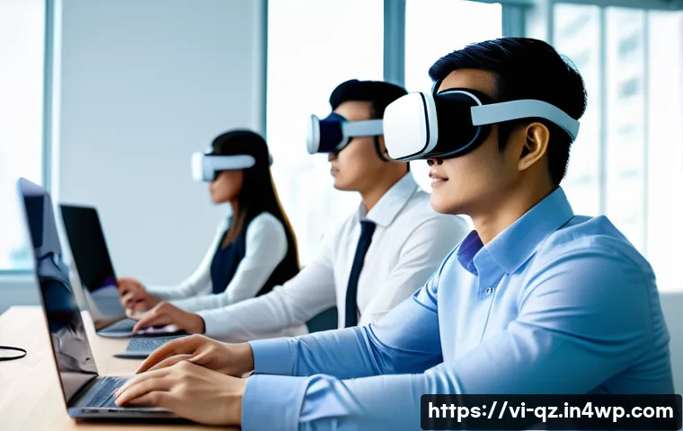 인지능력 증강 기술의 시장 전망 - A modern Vietnamese office environment featuring young professionals wearing smart wearable devices ...