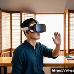 Home 20 인지능력 증강 기술의 역사와 발전 - A modern Vietnamese student using a virtual reality headset in a bright, cozy home study room filled...
