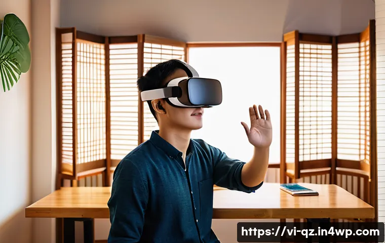 인지능력 증강 기술의 역사와 발전 - A modern Vietnamese student using a virtual reality headset in a bright, cozy home study room filled...