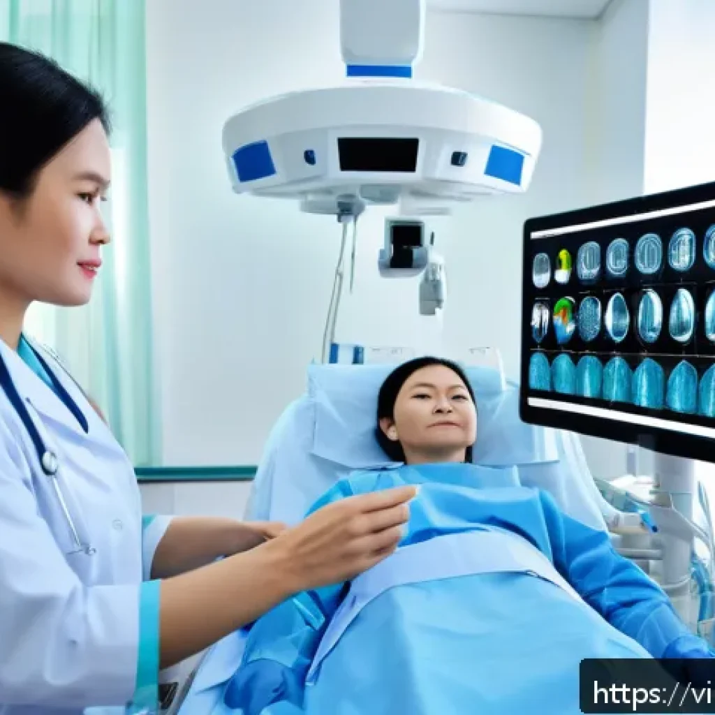 인지능력 증강 기술의 제도적 지원 현황 - A modern Vietnamese hospital scene showcasing cognitive technology in healthcare: doctors and nurses...