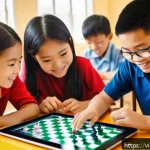 Home 23 인지능력 향상을 위한 게임 기술 활용 - A vibrant digital illustration of a diverse group of children in a modern Vietnamese classroom, acti...