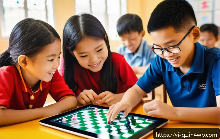 인지능력 향상을 위한 게임 기술 활용 - A vibrant digital illustration of a diverse group of children in a modern Vietnamese classroom, acti...