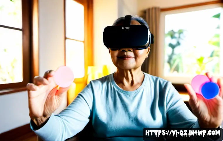 Home 17 인지능력 향상을 위한 가상현실 기술 - Photorealistic Vietnamese older adult seated comfortably in a bright modern home, wearing a sleek vi...